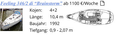 4+2 10,4 m 1992 0,9 - 2,07 m Kojen: Länge: Baujahr:      Tiefgang: Feeling 346/2 di “Brainstorm” ab 1100 €/Woche